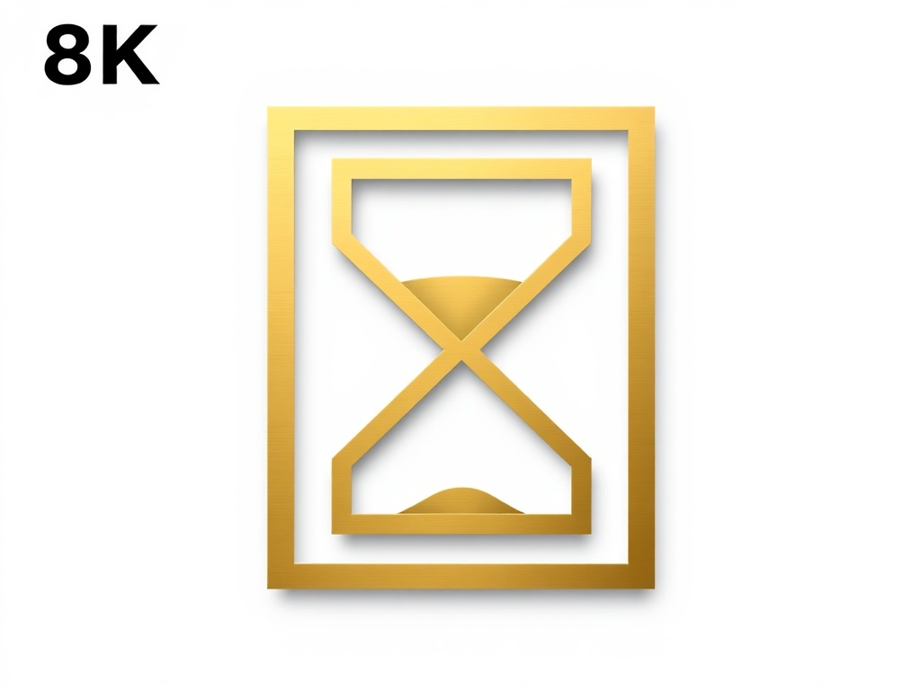 A minimalist geometric logo mark, interlocking squares forming an hourglass, matte gold finish on white background, photorealistic 8k commercial photography.